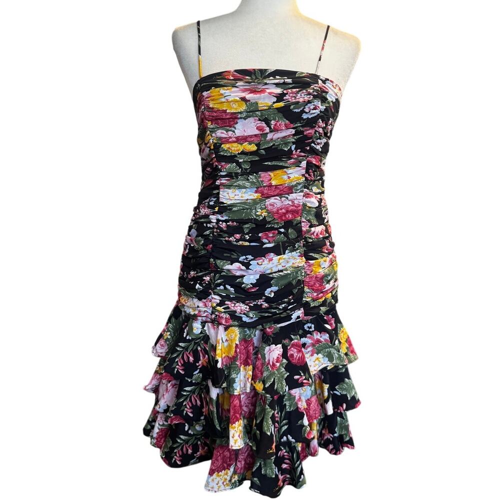 Vintage Nightway Floral Ruched Bow Cocktail Dress Black Pink Rose Print Size 7/8